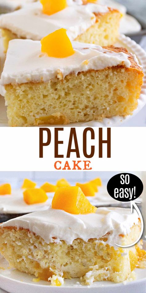 Peach Sheet Cake is simple to make, super moist and brimming with peaches and cream flavor! We combine a yellow cake mix with canned peaches and a dreamy whipped topping in this easy sheet cake recipe. Easy Peach Cake Recipe, Peach Cake Using Box Cake, Peach Cake Recipe Easy, Peach Sheet Cake, Cake With Canned Peaches, White Cake Mix Recipes, Peaches And Cream Cake, Peach Cake Recipe, Gooey Desserts