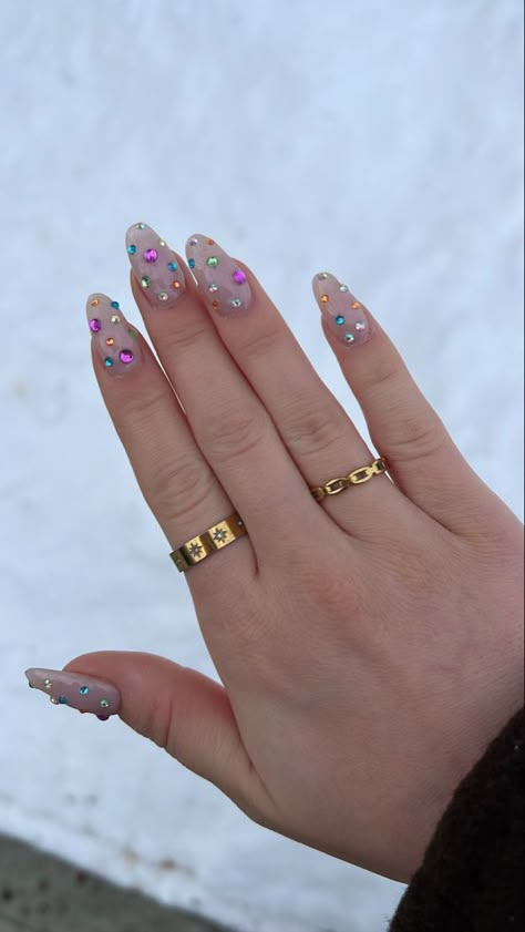 Coloured Gem Nails, Nails With Rhinestones Colorful, Nail Designs For Short Nails With Gems, Colourful Gem Nails, Multi Color Rhinestone Nails, Simple Jeweled Nails, Colorful Jewel Nails, Gemstones On Nails, Spring Nails With Gems