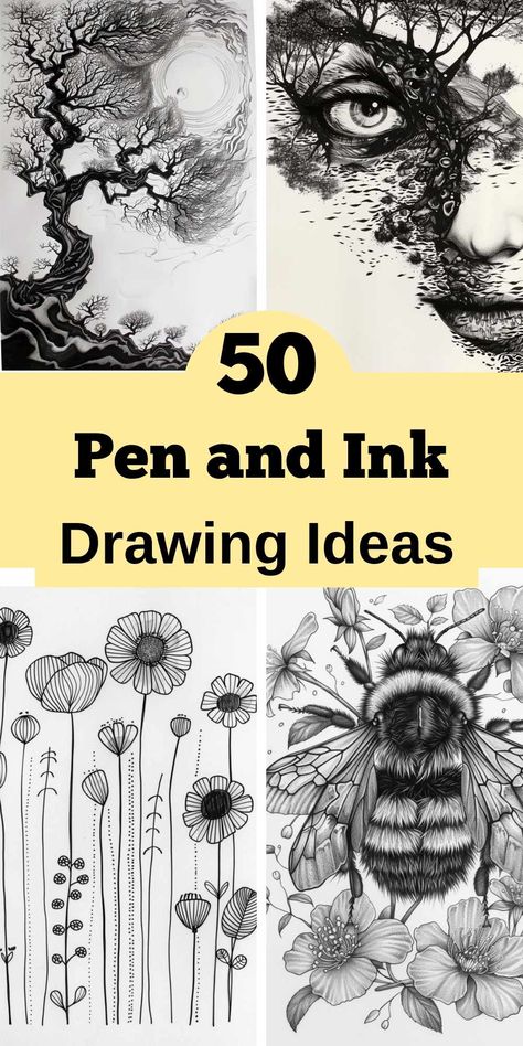 Unlock your inner artist with our inspiring collection of over 50 Pen and Ink Drawing Ideas! 🎨 Plus, get started with ease using our Free Printable Flower Templates. Perfect for beginners and seasoned sketchers, these templates will guide you in creating stunning floral artwork. Elevate your drawing skills and add intricate details to your journal, scrapbook, or wall art. #PenAndInkDrawing #FlowerTemplates #FreePrintables #DrawingIdeas #ArtJournaling #Sketching #DIYCrafts Something Beautiful To Draw, Royalty Free Drawings, Drawing With Ink Pens, Cool Sketching Ideas For Beginners, Charcoal Floral Drawing, Landscape Ideas For Drawing, Gel Ink Pen Drawings, Pen Ink Drawing Simple, Watercolour And Ink Illustrations