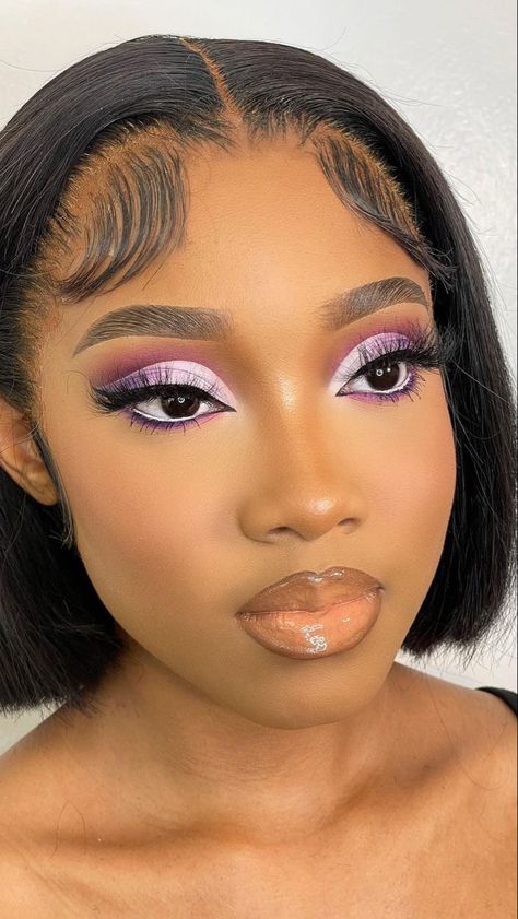 Lavender Makeup Looks Black Women, Purple Makeup Looks For Black Women, Lilac Makeup Look, Eyeshadow Looks Colorful, Lilac Makeup, Purple Eyeshadow Looks, Lilac Eyeshadow, Hoco Makeup Looks, Purple Makeup Looks