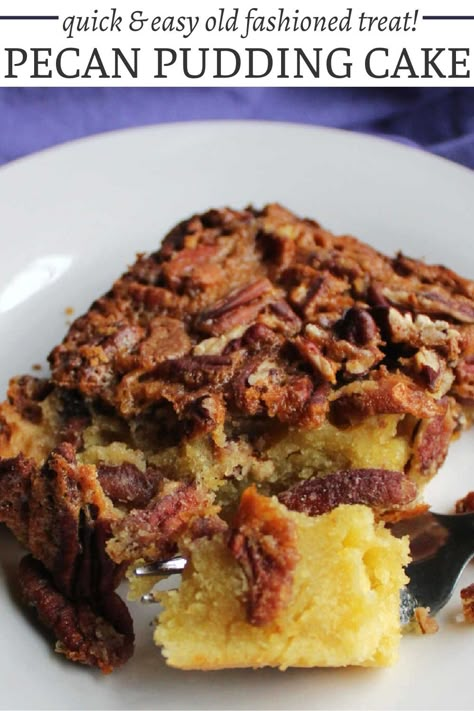 Old fashioned pecan pudding cake is a cross between a crustless pecan pie and a cake. It is a classic recipe from the 1930s that is quick and easy to make. Pecan Pudding Dessert, Pecan Pudding Recipe, Pecan Pie Pudding Recipe, Pecan Pudding Cake, Apple Pecan Recipes, Easy Gourmet Desserts, Pecan Pie Pudding, Pecan Pie Pound Cake Recipes, Pound Cake With Pecans