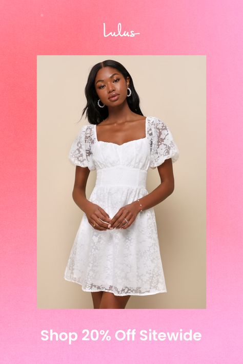 Showcase your angelic side in the Lulus Sweetest Effect White Floral Burnout Puff Sleeve Mini Dress! Lightweight woven jacquard boasts a chic burnout floral design as it shapes short puff sleeves with elastic at the cuffs and shoulders. Bodice has a sweetheart neckline with gathered cups and a banded waist. Skirt has a flaring silhouette, finishing at a mini hem. Hidden zipper/clasp at back. Fit: This garment fits true to size. Length: Mid-thigh. Size medium Bust: Great for any cup size. Waist: Fitted - very fitted at natural waist. Hip: Not Fitted - room for hips. Undergarments: May be worn with a strapless bra, adhesive bra, petals, or no bra. Fabric: Fabric has no stretch. Dress is lined, sleeves are unlined. Shell: 50% Cotton, 50% Polyester. Lining: 100% Polyester. Hand Wash Cold. Do N Hoco Dresses White, Sorority Rush Dresses, Thanksgiving Dress, Casual Formal Dresses, Rehearsal Dinner Dresses, Rush Dresses, Puff Sleeve Mini Dress, Rehearsal Dress, Casual Wedding Dress