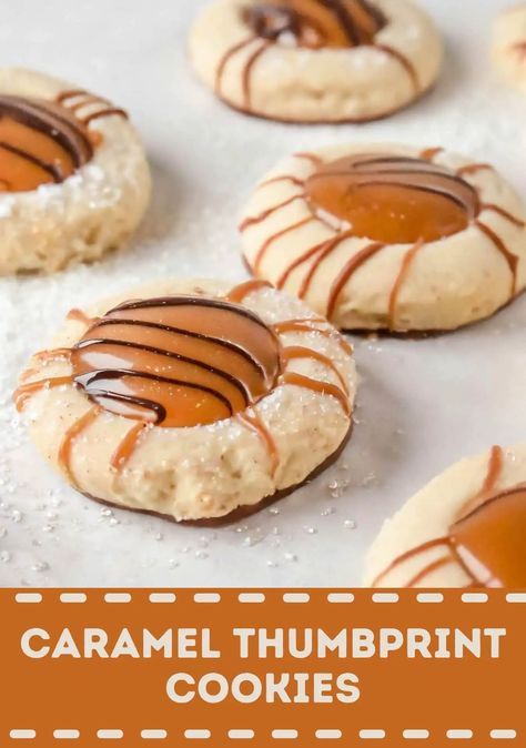 Caramel Thumbprint Cookies Thumbprint Cookies Christmas, Caramel Thumbprint Cookies, Best Thumbprint Cookies, Thumbprint Cookies Easy, Homemade Salted Caramel, Brown Butter Cookies, Homemade Donuts Recipe, Toffee Recipe, Chilled Desserts