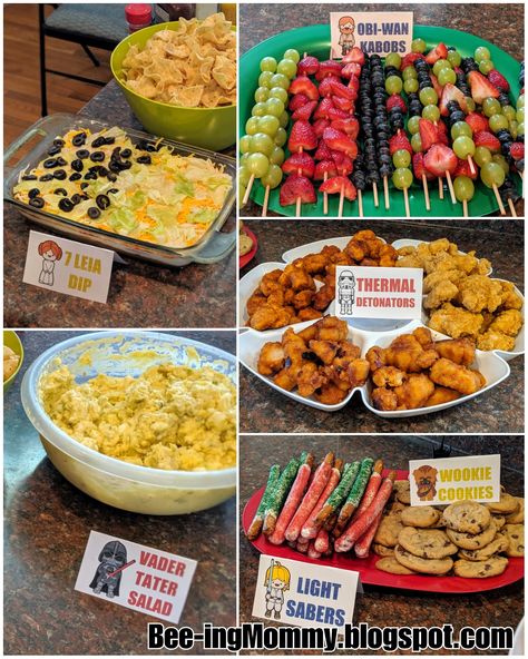 Star Wars Inspired Party Food Star Wars Finger Foods, May The 4th Be With You Food Ideas, Star Wars Food Puns, Star Wars Birthday Party Food, May The 4th Be With You Food, Star Wars Day Food, Star Wars Food Ideas, Ptsa Ideas, Star Wars Themed Food