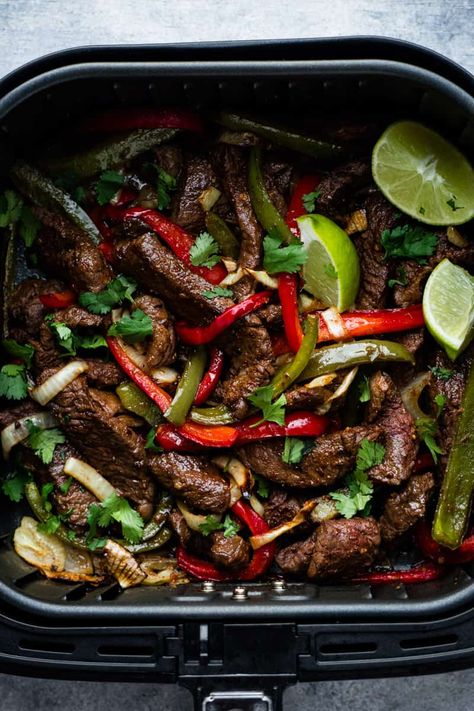 Air Fryer Steak Meal Prep, Fajita Steak In Air Fryer, Steak Dinner Ideas Air Fryer, Air Fry Fajita Steak, Air Fryer Recipes Fajitas, Sunday Dinner Ideas Air Fryer, Steak Fajita Air Fryer, Steak Stir Fry Air Fryer Recipes, Beef Fajita Recipe Air Fryer