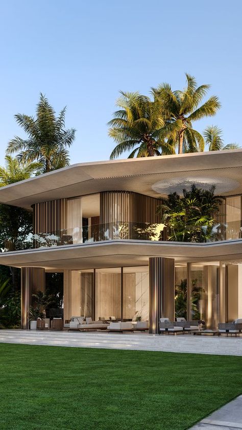 WHALE VILLA IN FLORIDA :: Behance Modern Villa Facade, Waterfall Architecture, Tropical Modern House, Resort Architecture, Opulent Interiors, Modern Villa Design, Sleek Furniture, Peaceful Home, Casa Exterior