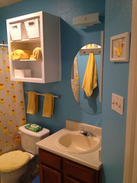 Still needs more details but I feel like there are not enough rubber ducky bathrooms on Pinterest. Rubber Duckie Bathroom, Rubber Ducky Bathroom Ideas, Duck Theme Bathroom, Rubber Duck Themed Bathroom, Duck Bathroom Theme, Rubber Duck Bathroom Ideas, Rubber Duck Decor, Bathroom Decor Elegant, Ducky Bathroom