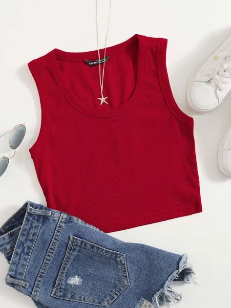 Red Crop Top Outfit, Red Tank Top Outfit, Red Top Outfit, Summer Outfits 2017, Top Summer Outfits, Kid Outfits, Solid Tank Tops, Top Shein, Relaxed Outfit