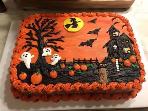 Halloween Cake Rectangle, Halloween Sheet Cake Decorating, Halloween Cake Birthday, Halloween Sheet Cake Ideas, October Birthday Cake, Halloween Sheet Cake, Halloween Cake Design, Cute Halloween Cakes, Halloween Nostalgia