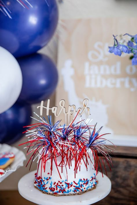 Patriotic Themed Birthday Party, Firecracker Birthday Cake, July First Birthday, Firework Birthday Party, Fourth Of July First Birthday Girl, Firecracker Birthday Party, July Birthday Themes, July First Birthday Party Girl, Land Of The Three Birthday Party