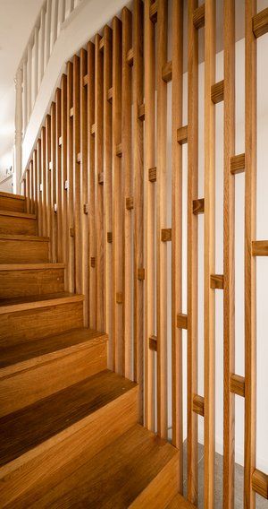 Yellow Kite Architects Wood Balustrade, Stair Balustrade, Minwax Stain Colors, Timber Stair, Stair Well, Hall Ideas, Timber Screens, Timber Slats, Design Homes