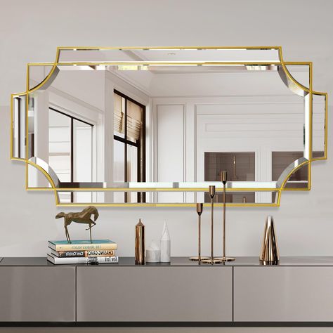 PRICES MAY VARY. Beautiful Appearance: What you see is what you get. This gold wall mirror uses unique gold lines to create a beautiful and modern look. It is a combination of practicality and decoration, which can well transform your room and daily use High Quality: The overall frame of the large wall mirror is well made with solid MDF and fade-resistant premium paint. It will last for many years High-definition Explosion-proof: The gold rectangle mirror uses high-quality float glass to achieve Gold Wall Mirror Living Room, Gold Mirror Wall Decor Living Room, Mirrors Above Fireplace Mantle, Big Wall Mirror Living Room, Horizontal Mirrors On Wall Living Room, Mirror Wall Decor Dining Room, Decorative Mirrors Wall Living Room, Mirror Above Fireplace Mantle, Mirror For Dining Room