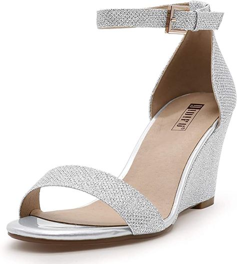 Amazon.com | IDIFU Women's Classic Wedge Heels Sandals 3 Inch Ankle Strap Open Toe Evening Dress Wedding Shoes (Silver Glitter, 7 M US) | Platforms & Wedges Wedding Shoes Open Toe, Block Heels Wedding, Evening Dress Wedding, Silver Glitter Heels, Silver Wedding Shoes, Heels Silver, Comfortable Wedges, Womens Sandals Wedges, Bride Shoes