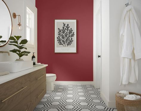 Is Red a Good Color for Your Bathroom? Here’s Why It’s the Hottest Hue for Washrooms Right Now Most Popular Behr Paint Colors, Popular Behr Paint Colors, Bathroom Color Palette, Ikea Kallax Unit, Behr Paint Colors, Cool Couches, Behr Paint, Decorating Advice, Bathroom Red