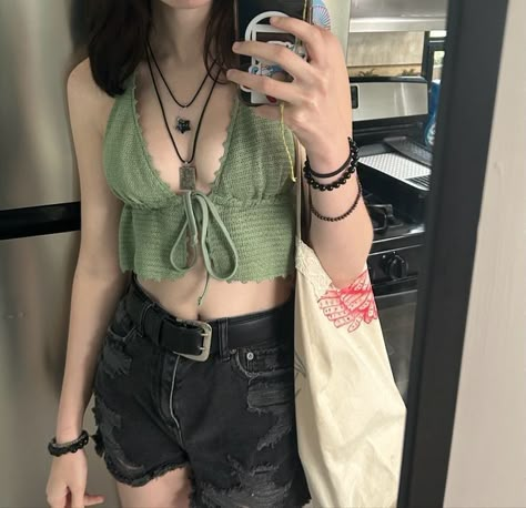 Grunge Swimsuit, Bralette Outfit Summer, Fanfic Outfits, Outfit Dark, Grunge Summer, Bralette Outfit, Club Ideas, Personal Aesthetic, Dream Style