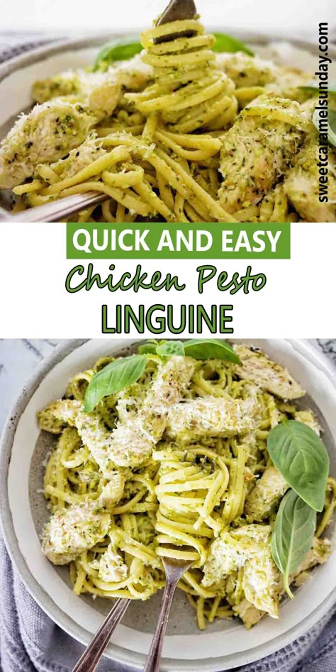 Chicken Pesto Linguine is a quick and easy pasta recipe perfect any night of the week. With juicy succulent chicken pieces and a creamy pesto sauce you will love the variety of flavors in this recipe. Pesto linguine with chicken will fast become a dinner recipe that the whole family will love! #pesto @sweetcaramelsunday Creamy Pesto Pasta With Chicken, Pesto Linguine Pasta, Chicken Pesto Pasta Recipes, Grilled Chicken Pesto Pasta, Creamy Chicken Pesto Pasta, Pesto Linguine, Lemon Pesto Pasta, Pesto Pasta Recipes Chicken, Chicken Linguine