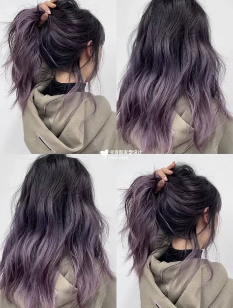 Hair Styles Color 2023, Long Hairstyles Highlights, Ash Balayage Hair Brunettes, Ashy Purple Brown Hair, Purple Ash Brown Hair, Mushroom Purple Hair, Hair Dye Color Ideas For Black Hair, Light Purple Highlights Black Hair, Dark Hair Color Ideas Without Bleach