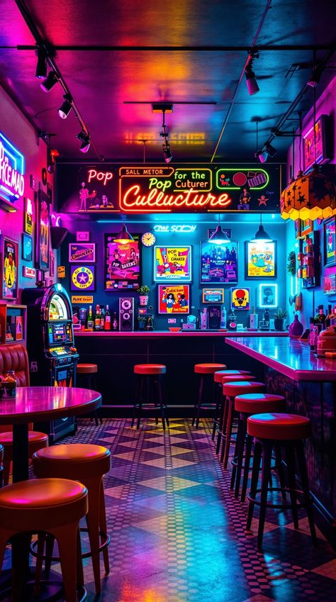 Basements Bar Retro Basement Bar Ideas, Dive Bar Ideas, Basement Arcade, 60s Bar, Neon Signs Vintage, Diy Shelving Ideas, Eclectic Bar, Back Bar Design, Bar Booth