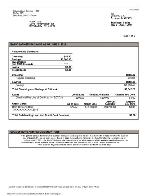 city bank statement Citi Bank, City Bank, Client Service, Checking Account, Bank Statement, John Doe, Line Of Credit, Sioux Falls, Savings Account