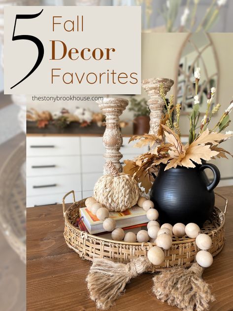 My 5 Fall Decor Favorites Fall Table Decor Dough Bowl, Fall Wooden Tray Decor, Fall House Decor Kitchen, Living Room Fall Decor Coffee Tables, Fall Decorations Indoor Kitchen, Fall Vinyettes Display, Fall Vingette Ideas, Fall Ottoman Tray Decor, Fall Baskets Ideas Decor