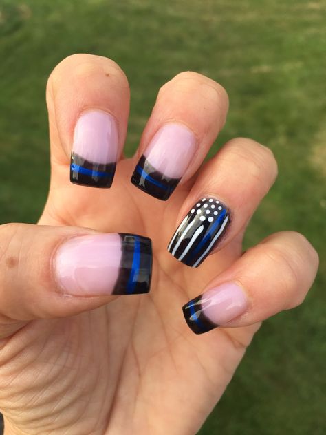 Blue Line Nails Law Enforcement, Police Inspired Nails, Detroit Lions Nails Acrylic, Acrylic Nail Designs Country, Back The Blue Nails, Police Nails Designs, Cop Nails, Camping Nails Designs, Police Nails