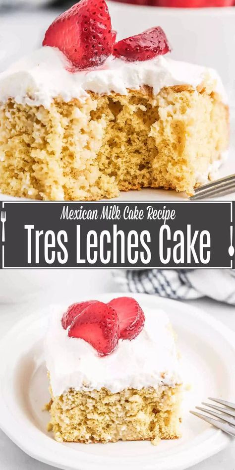 This easy Tres Leche Cake recipe is made with 3 milks for the ultimate moist, decadent cake. It is a Latin cake "three milk" cake that is perfect for parties because you can make it ahead of time. Topped with homemade whipped cream and fresh fruit this delicious Mexican cake will be your new favorite dessert recipe. Make it for Cinco de Mayo or bring it to a summer pot luck. Make Ahead Cake, Easy Tres Leches Cake Recipe, Leche Cake Recipe, Easy Tres Leches Cake, Easy Tres Leches, Homemade Frosting Recipes, Three Milk Cake, Leche Cake, Mexican Cake