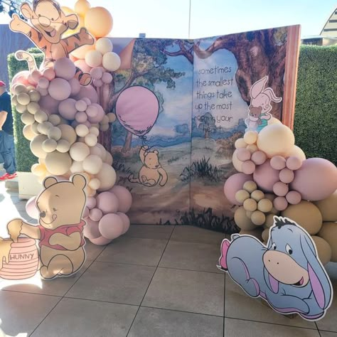 Winnie The Pooh Book Backdrop, Book Theme Balloon Arch, Storybook Balloon Arch, Storybook Baby Shower Backdrop, Eeyore Baby Shower Ideas, Winnie The Pooh Baby Shower Backdrop, Book Baby Shower Decorations, Storybook Backdrop, Winnie The Pooh Backdrop