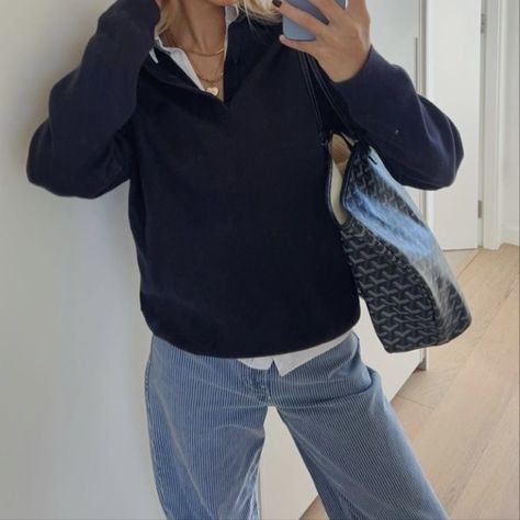 Navy Half Zip Outfit, Navy Blue Quarter Zip Outfit, Ootd Inspo, School Fits, Ootd, Outfit Inspo, London, Wardrobe, Quick Saves