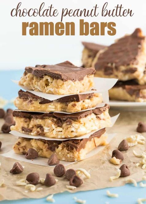 Chocolate Peanut Butter Ramen Bars - Ramen noodles may not be your typical dessert ingredient, but after you try this sweet no-bake treat, you'll see why it just works! #chocolate #peanutbutter #dessertrecipes #desserts Peanut Butter Ramen, Simply Stacie, Ramen Bar, Asian Noodles, Ramen Noodle, Small Victories, Bake Dessert, Bar Recipes, Melting Chocolate Chips