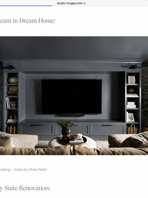 Tv Accent Wall Ideas Built Ins, Tv Room Dark Walls, Rec Room Tv Wall, Extra Large Tv Wall Ideas Living Room, Large Tv Living Room, Built In Under Tv, Basement Built Ins With Tv, Dark Tv Room, Big Tv Wall Ideas Living Room