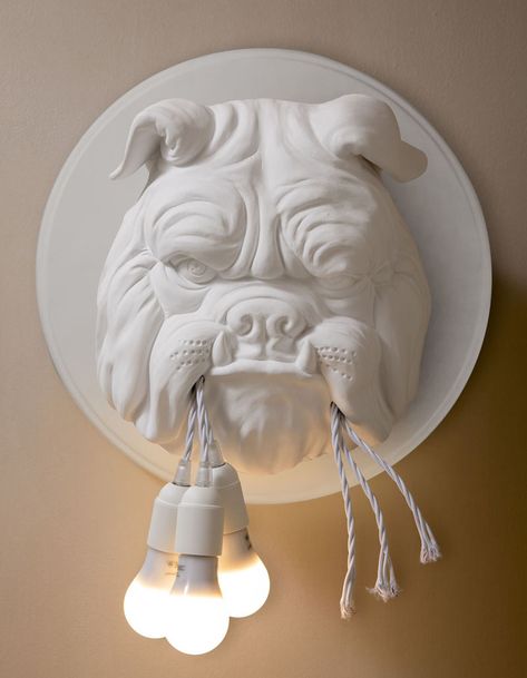 Lightbulbs Hanging From A Bulldog's Mouth Are A Whimsical Feature Of This New Lamp | CONTEMPORIST Lightbulbs Hanging, Animal Head Wall, Ceramic Wall Lights, Bad Set, Wall Lamps Living Room, Wall Lamp Design, Wall Lighting Design, Animal Wall Decor, Italian Lighting