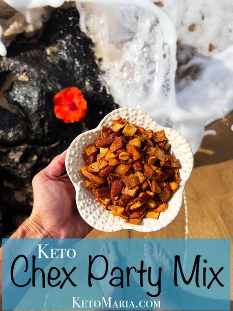 Easy Keto Chex Party Mix Original Chex Party Mix, Chex Party Mix Recipe, Maria Emmerich Recipes, Keto Maria, Original Chex, Party Mix Recipe, Protein Sparing Modified Fast, Low Carb Thanksgiving, Maria Mind Body Health