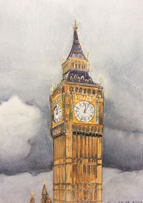 A drawing of Big Ben. Uk Drawing, London Aesthetic Drawing, Big Sketchbook Drawings, London Painting Easy, London Art Drawing, Big Ben Dibujo, Watercolor London, Big Ben Drawing, Big Ben Illustration