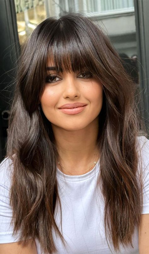 30 Flowing Long Layered Haircuts in 2024 : Half Way Long Layered Haircut I Take You | Wedding Readings | Wedding Ideas | Wedding Dresses | Wedding Theme Haircut With Long Bangs And Layers, Bangs 2024 Hairstyles, Dark Hair With Long Bangs, Short Hair Full Bangs, Long Layered Hair And Bangs, Deep Bangs Long Hair, Long Hair With Heavy Bangs, Long Layered Hair With Bangs Straight, Haircut Ideas Curtain Bangs