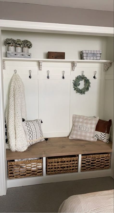 Closet Bench Seat With Storage, Front Closet Bench, Closet Bench Seat, Front Closet Ideas, Entrance Nook, Laundry Room And Storage, Room Closet Makeover, Mud Closet, Entry Closet Makeover