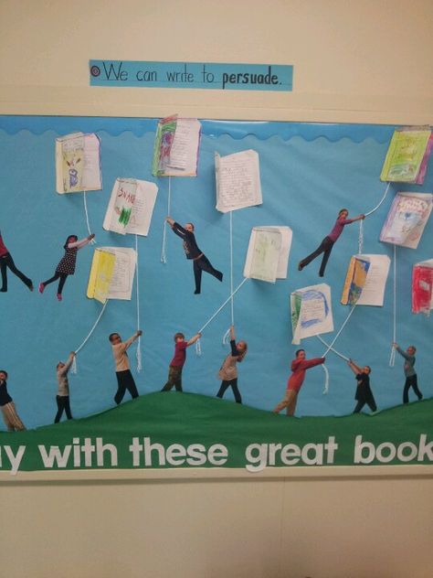 Persuasive writing bulletin board Narrative Bulletin Board Ideas, Author Bulletin Board Ideas, Elementary Syllabus, Bulletin Board Ideas Library, Writing Bulletin Board Ideas, Bulletin Board Ideas Kindergarten, Kites Preschool, School Library Book Displays, Writing Bulletin Boards