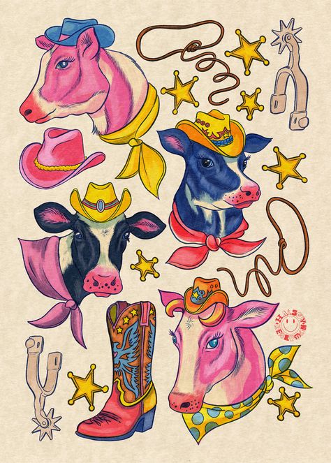 Digital inkjet print on matte photo paper Colorful Cowgirl Aesthetic, Vintage Cowboy Illustration, 70s Western Aesthetic, Vintage Country Aesthetic, Retro Cowgirl Aesthetic, Cows Illustration, Cowboy Cartoon, Cow Print Design, Traditional Tattoo Inspiration