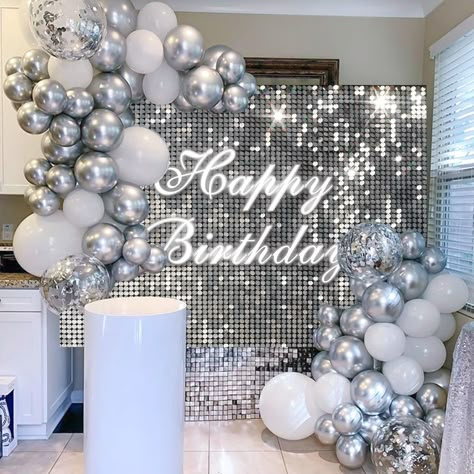 PRICES MAY VARY. 【Silver Sequin Birthday Decorations】Package included 1 pcs sliver glitter spots backdrop, 20 silver balloons, 20 white balloons, 10 silver sequin balloons, 1 roll of balloon chain, 1 roll of balloon dotting glue, 1 roll of balloon ribbon. 【Size and Material】This silver sequin backdrop size is 180x120cm/72x48inch, large enough to be used as a photography background. Latex balloons size is 12 inches, thick enough. Perfect for birthday parties for adults and children 【High Quality】 Silver And White Birthday Theme, Silver Backdrop With Balloons, Winter White Party Decorations, Birthday House Party Ideas Decoration, Gold And Silver Birthday Theme, White And Silver Decorations Party, Coastal Granddaughter Birthday Party, Silver Prom Theme, Winter 16th Birthday Party Ideas