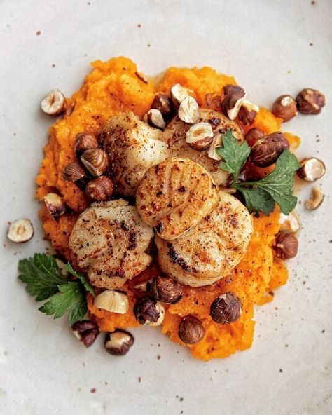 Scallops Sweet Potato Puree, Scallops And Sweet Potato, Scallop And Sweet Potato Recipes, Fish With Sweet Potato, Fish And Sweet Potato Recipes, Sweet Potato Puree Recipes, Caramel Apple Galette, April Recipes, Potato Purée