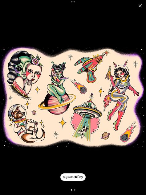 Black And Grey New School Tattoo, Circus American Traditional Tattoo, Traditional Style Space Tattoo, Quirky American Traditional Tattoos, Alien American Traditional Tattoo, American Traditional Tattoos Space, Neotraditional Space Tattoo, 50s Inspired Tattoos, 90s Style Tattoos