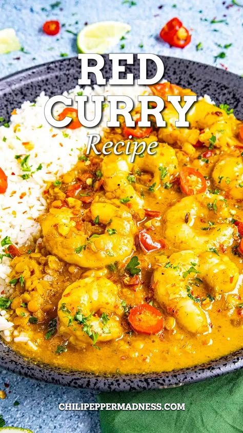 A big plate full of the best ever red curry served with rice. Red Curry Chicken Videos, Thai Curry Recipes Shrimp, Recipes With Thai Red Curry Paste, Thai Prawn Curry Red, Red Thai Curry Sauce, Red Curry Prawns Recipe, Red Curry With Shrimp, Red Thai Coconut Curry Shrimp, Red Curry Shrimp Recipe