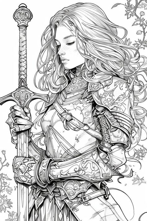 Dungeons And Dragons Coloring Pages, Warrior Woman Drawing, Fantasy Colouring Pages, Drawing Basics Learning, Education Drawing, Drawing Basics, Warrior Drawing, Learning Art, Adult Coloring Books Printables