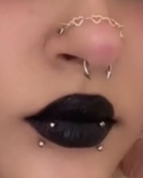 Nostrils And Septum Piercing, Septum And Vertical Labret, Both Nostrils Pierced With Septum, Vertical Snakebites, Nose And Septum Piercing Together, Double Vertical Labret, Piercing Ideas Nose, Cute Septum Piercing, Nose Piercing Ideas