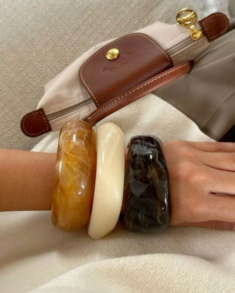 Our Maje bracelets are made of resin and acrylic Bangle Bracelets Outfit, Chunky Jewelry Aesthetic, Jewelry Maximalist, Maximalist Jewelry, Leo Energy, Bracelets Outfit, Accessories Board, Big Bracelets, Fits Inspiration