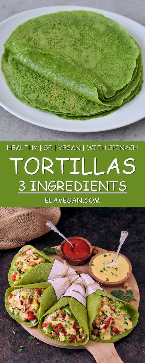 You can whip up these 5-ingredient (and that includes water and salt) spinach tortillas in practically minutes. No dough-making, rolling, or shaping; simply blend and pour your way to delicious and nutritious spinach wraps. Plus, this recipe is gluten-free, dairy-free, grain free, vegan, and more. #spinachtortillas #spinachwraps #glutenfreetortillas #elasrecipes | elavegan.com Spinach Tortillas, Vegan Tortilla, Spinach Tortilla, Spinach Wraps, Gluten Free Wraps, Gluten Free Tortillas, Vegan Wraps, Healthy Wraps, Tortilla Recipe