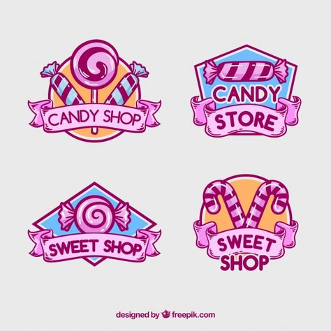 Candy shop logos collection for companies Free Vector Candy Shop Design, Candy Shop Logo, Candy Background, Candy Logo, Unusual Lamps, Tile Covers, Lollipop Candy, Colorful Frames, Cute Candy