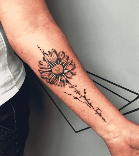 Daisy Tattoo Design Images (Daisy Ink Design Ideas) Manly Daisy Tattoo, Name With Daisy Tattoo, Daisy Sister Tattoo, Daisy Flower Tattoos Men, Mens Daisy Tattoo, Daisy Name Tattoo, Sunflower And Daisy Tattoo, Tattoo Ideas Daisy, Daisy Sleeve Tattoo