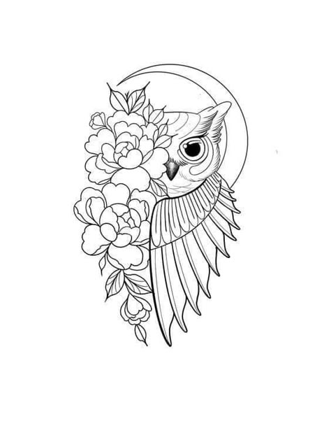 Owl Drawing Outline, Owl Tattoo Mandala, Mystic Doodles, Owl And Moon Tattoo, Owl With Flowers Tattoo, Owl Outline Tattoo, Creative Drawing Ideas Unique, Moon And Flowers Tattoo, Animal Outline Drawing