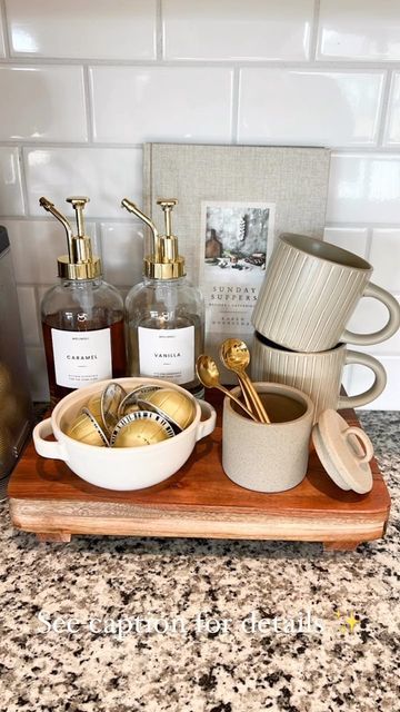 Coffee Bar Set Up In Kitchen, Kitchen Counter Decor Coffee Station, Coffee Bar Spoon Holder, Nespresso Coffee Pod Storage, Coffee Corner Minimalist, Coffee Corner Styling, Coffee Station Styling Ideas, Simple Coffee Station On Counter, How To Style A Coffee Bar