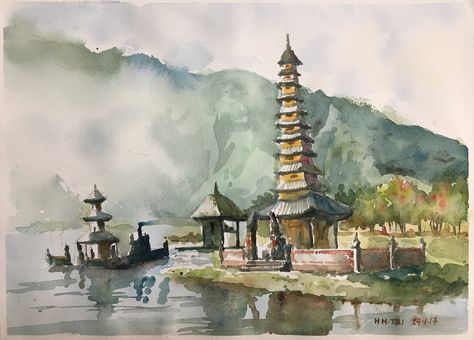 Bali Indonesia  Watercolour by Brian Tai Beach Wedding Planning, Bali Painting, Watercolor Postcard, Picture Painting, Painting Canvases, Seating Plan, Night Painting, Adventure Book, Decorative Panels